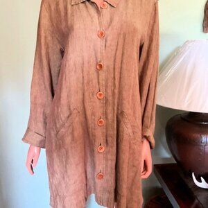 FLAX 100% Linen Golden Brown Long Blazer Jacket 7 Button size S